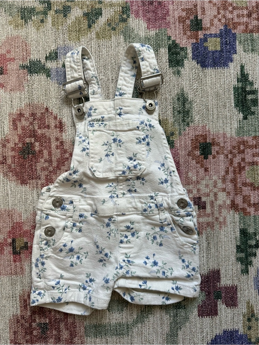 Denim&Co Cream Short Floral Denim Overalls with Blue Print